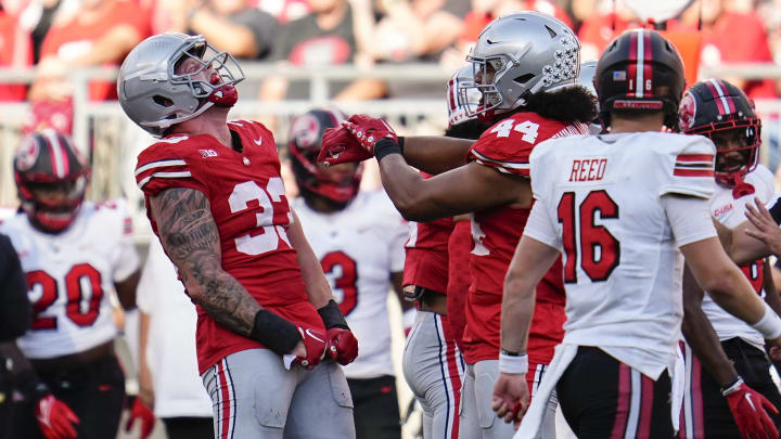 Sep 16, 2023; Columbus, Ohio, USA; Ohio State Buckeyes defensive end Jack Sawyer (33) and defensive end JT Tuimoloau (44) celebrate making a stop during the first half of the NCAA football game against the Western Kentucky Hilltoppers at Ohio Stadium. Sep 16, 2023; Columbus, Ohio, USA; Ohio State Buckeyes defensive end Jack Sawyer (33) and defensive end JT Tuimoloau (44) celebrate making a stop during the first half of the NCAA football game against the Western Kentucky Hilltoppers at Ohio Stadium.
