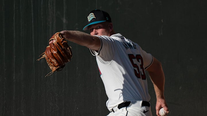 Kyle Amendt throws in the bullpen during the Arizona Fall League media day at Scottsdale Stadium on Oct. 4, 2024, in Scottsdale, Arizona.