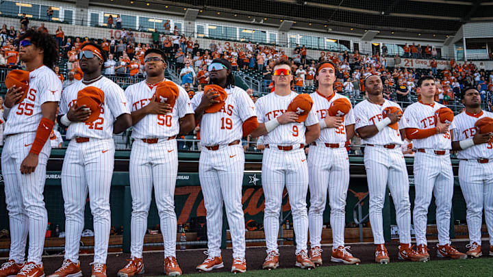 Texas baseball players stand for the National Anthem ahead of the Longhorns' game against the UTSA Roadrunners, March 18, 2025 at UFCU Disch-Falk Field in Austin.