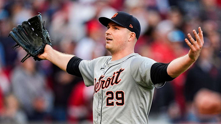 Detroit Tigers pitcher Tarik Skubal (29) celebrates after a double play against Cleveland Guardians in the sixth inning of Game 2 of ALDS at Progressive Field in Cleveland, Ohio on Monday, Oct. 7, 2024.