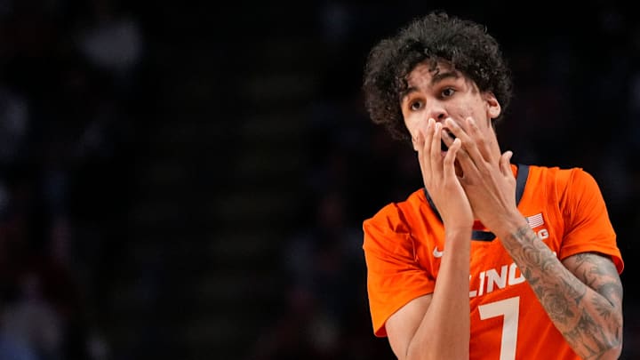 Nov 20, 2024; Birmingham, AL, USA; Illinois forward Will Riley (7) reacts after being called for a foul on a three point shot in the CM Newton Classic at Legacy Arena. Alabama defeated Illinois 100-87.