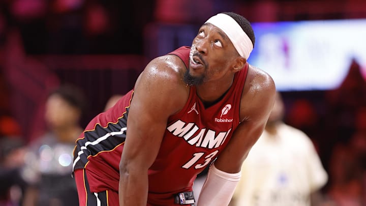 Mar 10, 2026; Miami, Florida, USA;  Miami Heat center Bam Adebayo (13) looks around the arena during a time out in the second half against the Washington Wizards at Kaseya Center. Mandatory Credit: Rhona Wise-Imagn Images