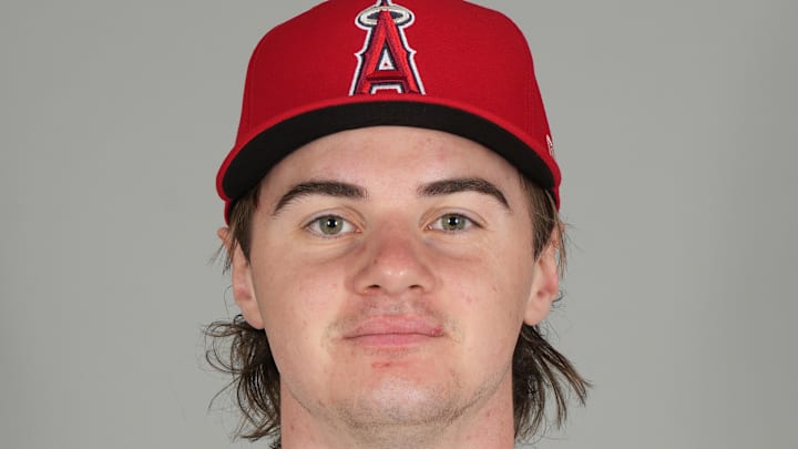 Feb 19, 2025; Tempe, AZ, USA; Los Angeles Angels pitcher George Klassen poses during photo day. Mandatory Credit: Rick Scuteri-Imagn Images