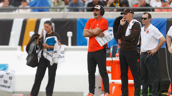 Sep 15, 2024; Jacksonville, Florida, USA; Cleveland Browns head coach Kevin Stefanski watches the game against the Jacksonville Jaguars during the third quarter at EverBank Stadium. Mandatory Credit: Morgan Tencza-Imagn Images
