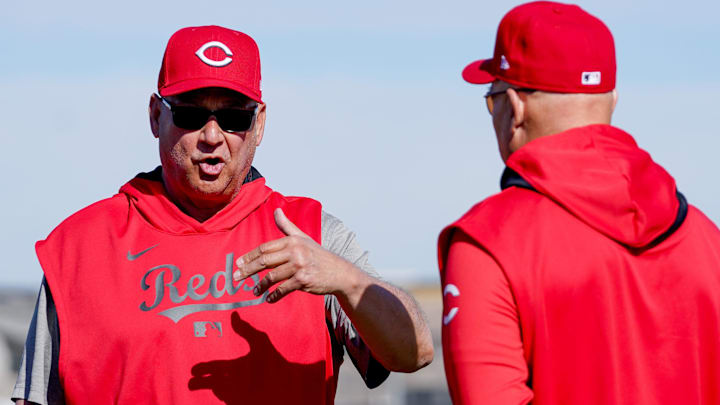 Cincinnati Reds manger Terry Francona chats with bench coach Brad Mills during spring training, Friday, Feb. 21, 2025, at the Cincinnati Reds Player Development Complex in Goodyear, Ariz.