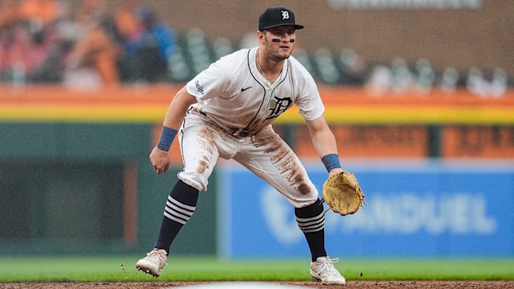 Detroit Tigers third base Jace Jung (17) watches a play against Chicago White Sox during the seventh inning at Comerica Park in Detroit on Saturday, Sept. 28, 2024.