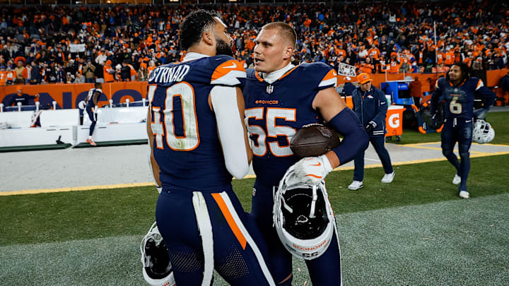 Dec 2, 2024; Denver, Colorado, USA; Denver Broncos linebacker Justin Strnad (40) and linebacker Cody Barton (55) after the game against the Cleveland Browns at Empower Field at Mile High. Dec 2, 2024; Denver, Colorado, USA; Denver Broncos linebacker Justin Strnad (40) and linebacker Cody Barton (55) after the game against the Cleveland Browns at Empower Field at Mile High.