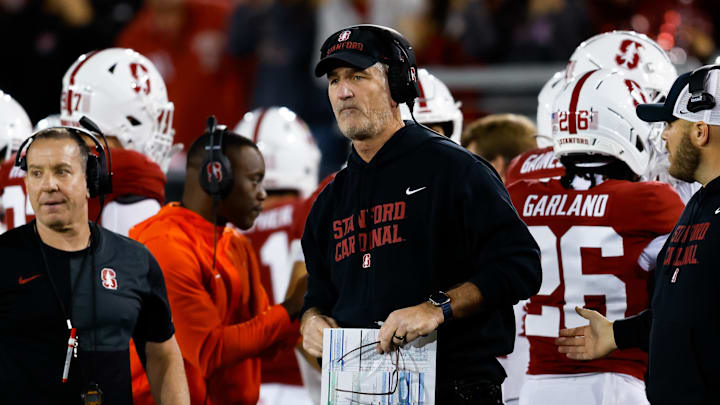 Nov 22, 2025; Stanford, California, USA; Stanford Cardinal head coach Frank Reich looks on during the second quarter against the California Golden Bears at Stanford Stadium. Mandatory Credit: Sergio Estrada-Imagn Images
