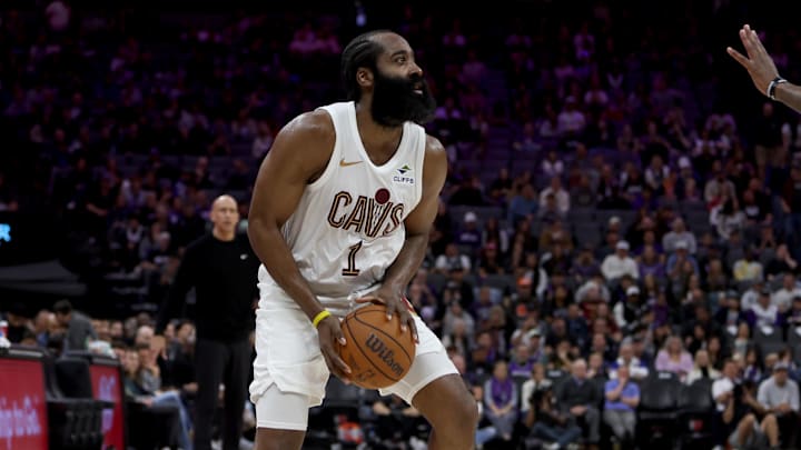 Feb 7, 2026; Sacramento, California, USA; Cleveland Cavaliers guard James Harden (1) shoots the ball against the Sacramento Kings during the third quarter at Golden 1 Center. Mandatory Credit: Dennis Lee-Imagn Images