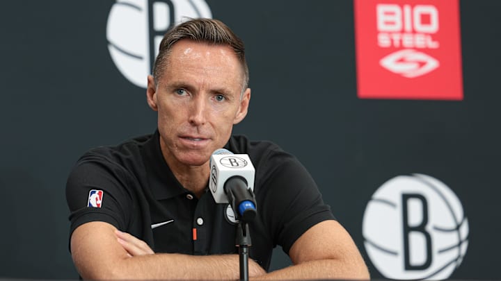 Sep 26, 2022; Brooklyn, NY, USA; Brooklyn Nets head coach Steve Nash talks to the media during media day at HSS Training Center. Mandatory Credit: Vincent Carchietta-Imagn Images Sep 26, 2022; Brooklyn, NY, USA; Brooklyn Nets head coach Steve Nash talks to the media during media day at HSS Training Center. Mandatory Credit: Vincent Carchietta-Imagn Images