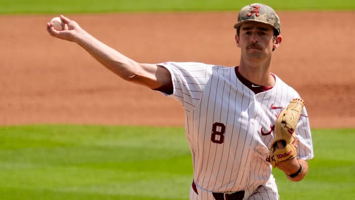May 20, 2025; Hoover, AL, USA; Alabama pitcher Tyler Fay (8) makes a pitch against Missouri in the first game of the SEC Baseball Tournament at the Hoover Met.