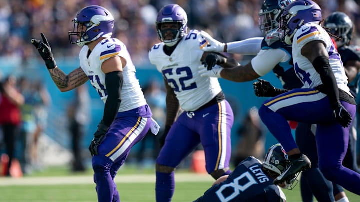 Minnesota Vikings linebacker Blake Cashman (51) celebrates his sack of Tennessee Titans quarterback Will Levis (8) at Nissan Stadium in Nashville, Tenn., Sunday, Nov. 17, 2024.