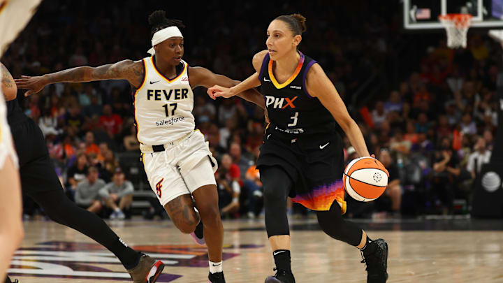 Jun 30, 2024; Phoenix, Arizona, USA; Phoenix Mercury guard Diana Taurasi (3) moves the ball against Indiana Fever guard Erica Wheeler (17) at Footprint Center. Mandatory Credit: Mark J. Rebilas-Imagn Images Jun 30, 2024; Phoenix, Arizona, USA; Phoenix Mercury guard Diana Taurasi (3) moves the ball against Indiana Fever guard Erica Wheeler (17) at Footprint Center. Mandatory Credit: Mark J. Rebilas-Imagn Images