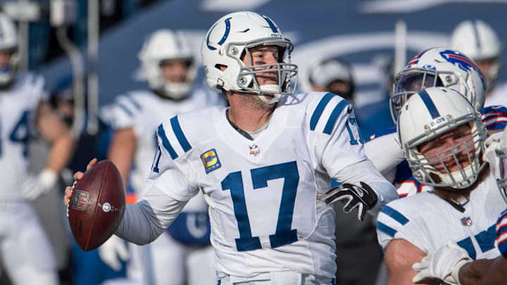 Jan 9, 2021; Orchard Park, New York, USA; Indianapolis Colts quarterback Philip Rivers (17) looks to throw a pass in the second quarter wildcard playoff game against the Buffalo Bills at Bills Stadium. Jan 9, 2021; Orchard Park, New York, USA; Indianapolis Colts quarterback Philip Rivers (17) looks to throw a pass in the second quarter wildcard playoff game against the Buffalo Bills at Bills Stadium.