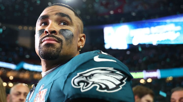 Feb 9, 2025; New Orleans, LA, USA; Philadelphia Eagles quarterback Jalen Hurts (1) reacts on the field after defeating the Kansas City Chiefs in Super Bowl LIX at Ceasars Superdome. Mandatory Credit: Mark J. Rebilas-Imagn Images