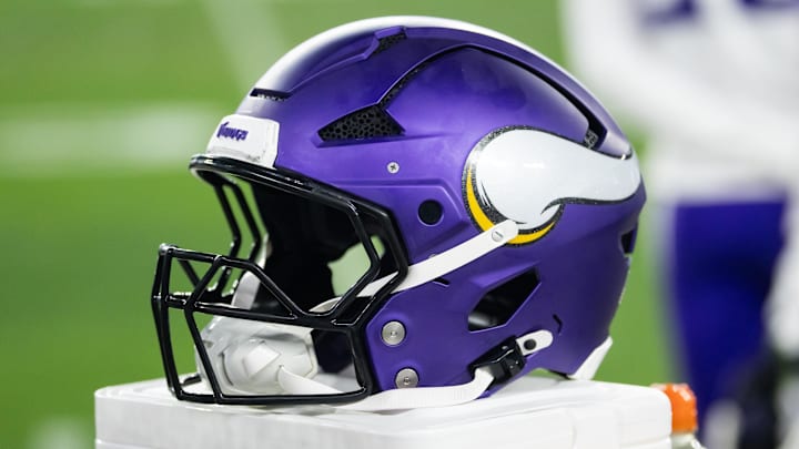 Detailed view of a Minnesota Vikings helmet.