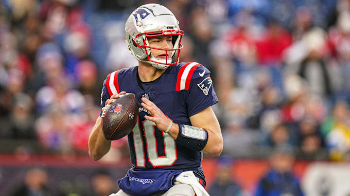 Dec 28, 2024; Foxborough, Massachusetts, USA; New England Patriots quarterback Drake Maye (10) looks to pass the ball against the Los Angeles Chargers in the second half at Gillette Stadium. Mandatory Credit: David Butler II-Imagn Images