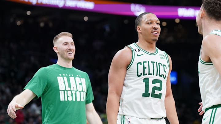 Feb 8, 2023; Boston, Massachusetts, USA; Boston Celtics forward Sam Hauser (30) and forward Grant
