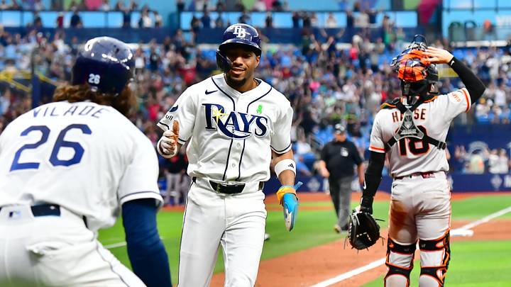 Tampa Bay Rays outfielder Chandler Simpson scores th against San Francisco Giants at Tropicana Field. Tampa Bay Rays outfielder Chandler Simpson scores th against San Francisco Giants at Tropicana Field.