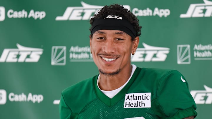 Jul 24, 2025; Florham Park, NY, USA; New York Jets wide receiver Josh Reynolds (83) speaks to the media during training camp at Atlantic Health Jets Training Center. Mandatory Credit: John Jones-Imagn Images