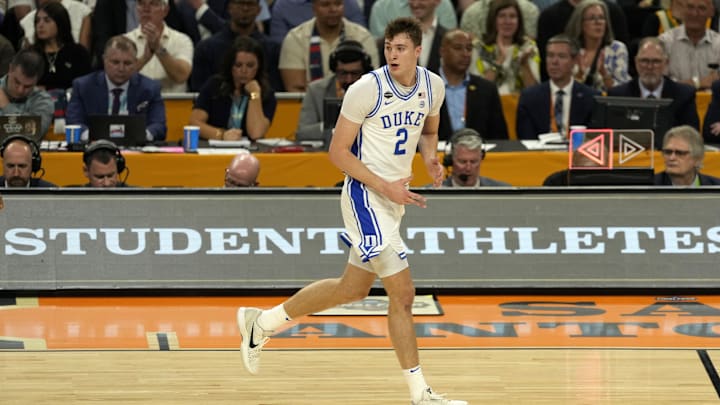 Apr 5, 2025; San Antonio, TX, USA; Duke Blue Devils forward Cooper Flagg (2) reacts against the Houston Cougars during the first half in the semifinals of the men's Final Four of the 2025 NCAA Tournament at Alamodome. Mandatory Credit: Scott Wachter-Imagn Images
