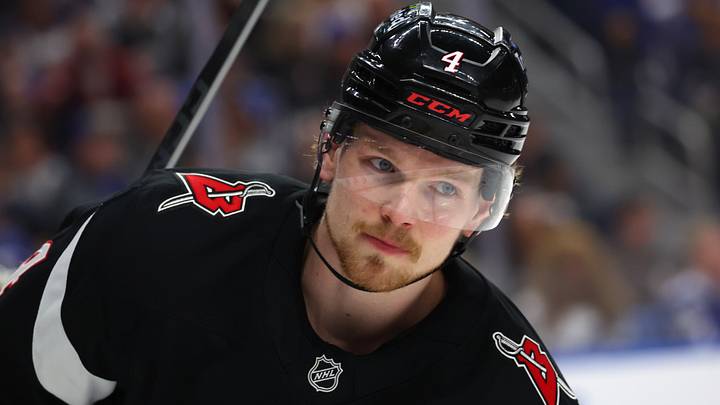 Apr 6, 2026; Buffalo, New York, USA;  Buffalo Sabres defenseman Bowen Byram (4) during a stoppage in play against the Tampa Bay Lightning at KeyBank Center. Mandatory Credit: Timothy T. Ludwig-Imagn Images
