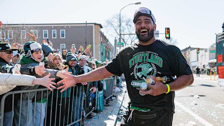 Philadelphia Eagles offensive tackle Jordan Mailata celebrates during the Super Bowl LIX championship parade and rally.
