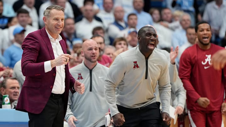 Dec 4, 2024; Chapel Hill, North Carolina, USA; Alabama Crimson Tide head coach Nate Oats reacts in the second half at Dean E. Smith Center. Mandatory Credit: Bob Donnan-Imagn Images