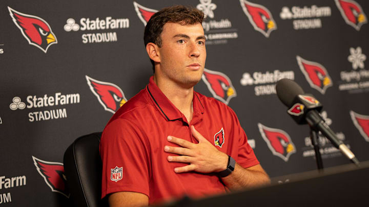 Arizona Cardinals quarterback Clayton Tune (15) speaks after the Cardinals rookie minicamp in Tempe Arizona Cardinals quarterback Clayton Tune (15) speaks after the Cardinals rookie minicamp in Tempe