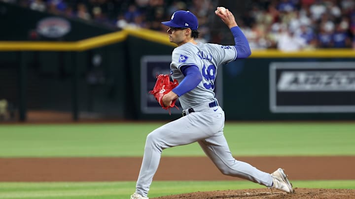 Apr 30, 2024; Phoenix, Arizona, USA; Los Angeles Dodgers pitcher Joe Kelly against the Arizona Diamondbacks at Chase Field. Mandatory Credit: Mark J. Rebilas-USA TODAY Sports