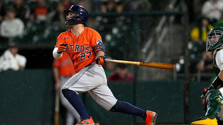 Sep 24, 2025; West Sacramento, California, USA; Houston Astros second baseman Jose Altuve (27) hits a fly ball against the Athletics in the sixth inning at Sutter Health Park. Sep 24, 2025; West Sacramento, California, USA; Houston Astros second baseman Jose Altuve (27) hits a fly ball against the Athletics in the sixth inning at Sutter Health Park.