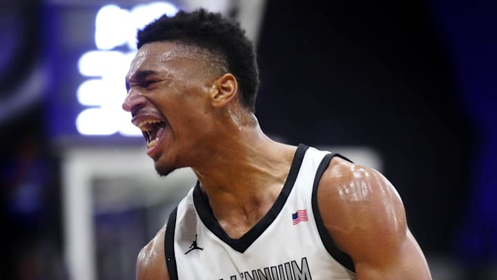 Millennium forward Cameron Holmes (3) reacts after dunking against Sunnyslope during a game at Millennium High School in Goodyear on Jan. 23, 2025. Millennium forward Cameron Holmes (3) reacts after dunking against Sunnyslope during a game at Millennium High School in Goodyear on Jan. 23, 2025.