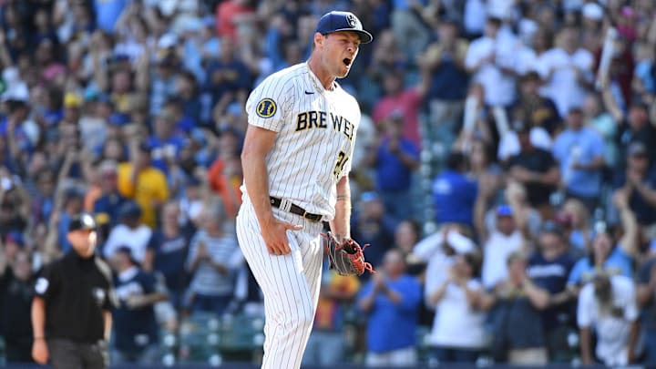 Aug 27, 2023; Milwaukee, Wisconsin, USA; Milwaukee Brewers relief pitcher Trevor Megill (29) yells