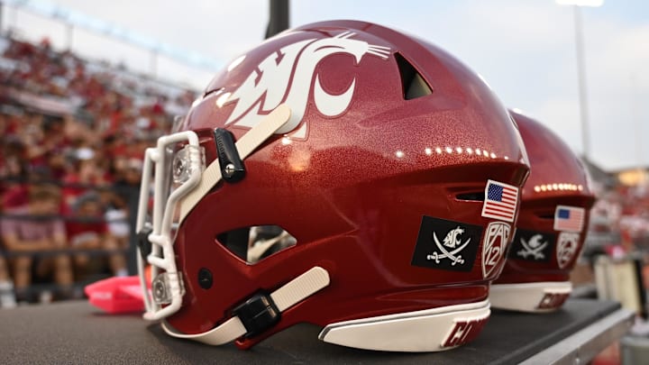 Sep 7, 2024; Pullman, Washington, USA; A pirate flag on the back of Washington State Cougars helmet in memory of Mike Leach during a game against the Texas Tech Red Raiders in the first half at Gesa Field at Martin Stadium. Mandatory Credit: James Snook-Imagn Images