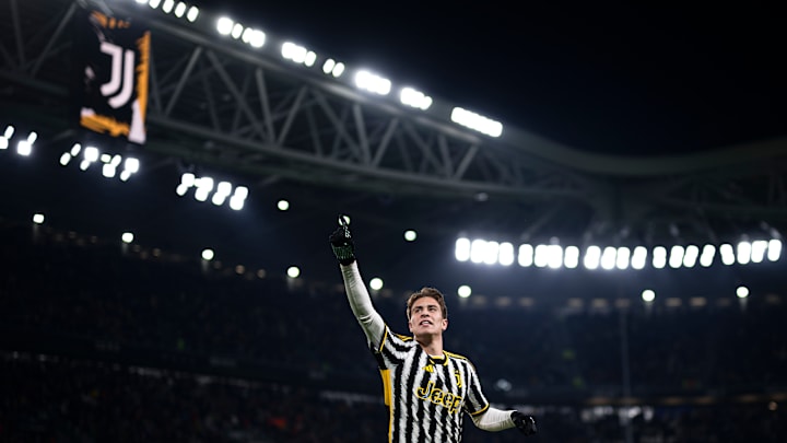 Kenan Yildiz of Juventus FC celebrates the own goal scored...