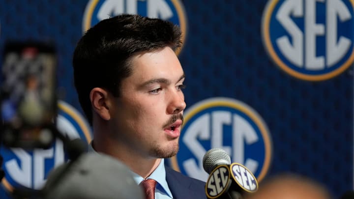 July 15, 2025; Atlanta, GA, USA; Auburn quarterback Jackson Arnold talks to reporters during SEC Media Days at the College Football Hall of Fame in Atlanta.