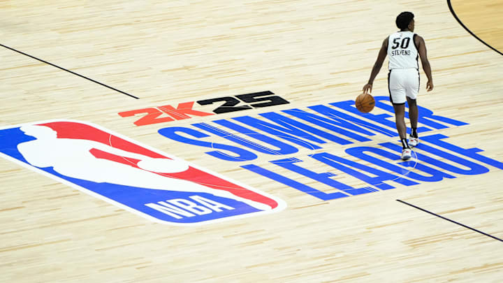 Jul 22, 2024; Las Vegas, NV, USA; Miami Heat guard Isaiah Stevens (50) dribbles the ball against the Memphis Grizzlies during the second half at Thomas & Mack Center.