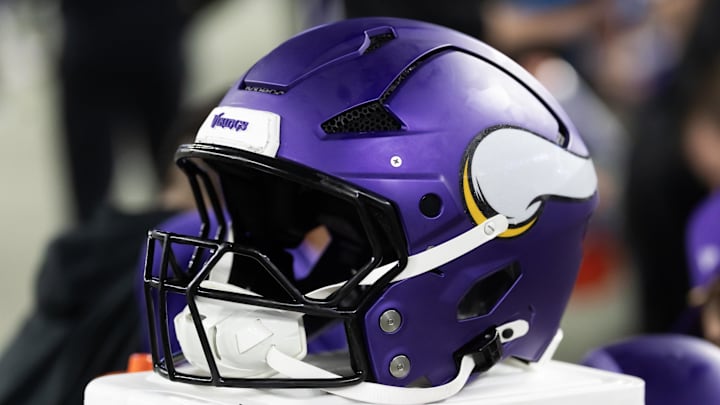 Jan 13, 2025; Glendale, AZ, USA; Detailed view of a Minnesota Vikings helmet during an NFC wild card game at State Farm Stadium. Mandatory Credit: Mark J. Rebilas-Imagn Images Jan 13, 2025; Glendale, AZ, USA; Detailed view of a Minnesota Vikings helmet during an NFC wild card game at State Farm Stadium. Mandatory Credit: Mark J. Rebilas-Imagn Images
