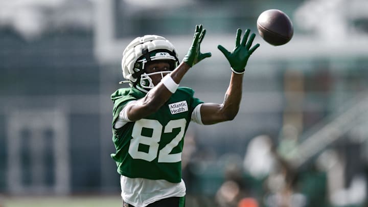 Jul 25, 2025; Florham Park, NJ, USA; New York Jets wide receiver Arian Smith (82) participates in a drill during training camp at Atlantic Health Jets Training Center. Mandatory Credit: John Jones-Imagn Images