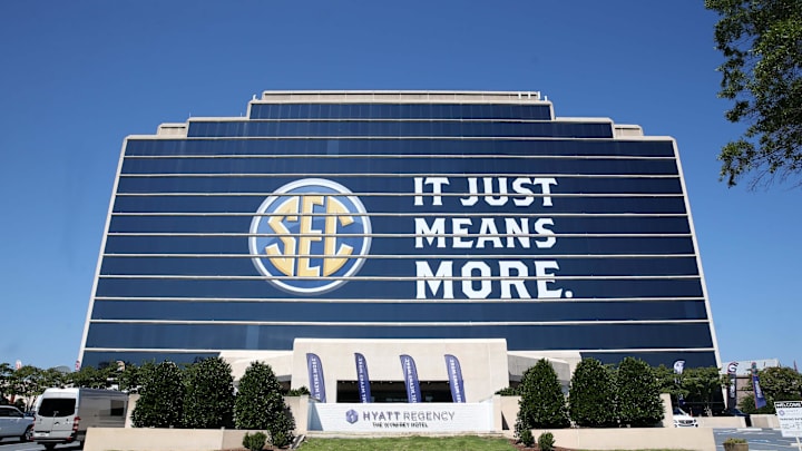 Jul 10, 2017; Hoover, AL, USA; The Southeastern Conference logo is shown on the Hyatt Regency