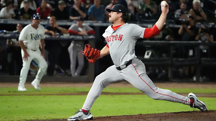 Sep 21, 2025; Tampa, Florida, USA; Boston Red Sox relief pitcher Payton Tolle (70) throws a pitch against the Tampa Bay Rays during the eighth inning at George M. Steinbrenner Field. Mandatory Credit: Dave Nelson-Imagn Images