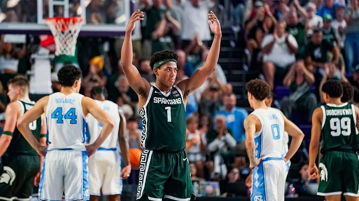 Michigan State Spartans guard Jeremy Fears Jr. (1) hypes up the crowd during the second half of the Fort Myers Tip-Off Beach Division game against the North Carolina Tar Heels at Suncoast Credit Union Arena on Fort Myers, Fla., on Thursday, Nov. 27, 2025. Michigan State Spartans guard Jeremy Fears Jr. (1) hypes up the crowd during the second half of the Fort Myers Tip-Off Beach Division game against the North Carolina Tar Heels at Suncoast Credit Union Arena on Fort Myers, Fla., on Thursday, Nov. 27, 2025.