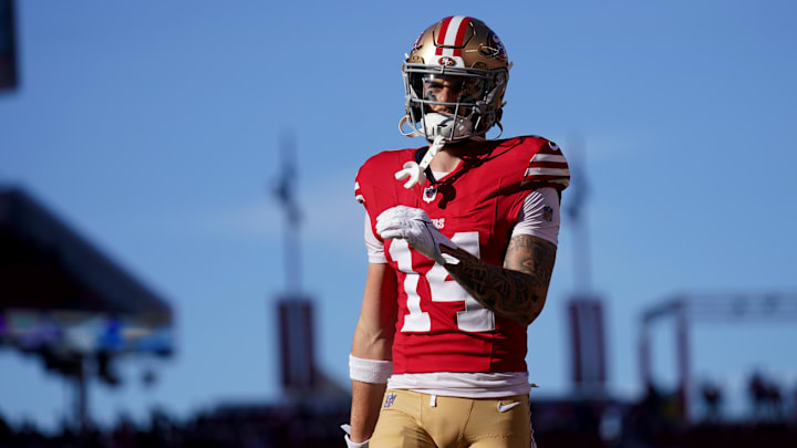 Dec 8, 2024; Santa Clara, California, USA; San Francisco 49ers wide receiver Ricky Pearsall (14) stands on the field before the start of the game against the Chicago Bears at Levi's Stadium. Mandatory Credit: Cary Edmondson-Imagn Images