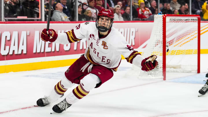 Apr 11, 2024; Saint Paul, Minnesota, USA; Boston College Eagles forward Cutter Gauthier (19) celebrates his goal in the semifinals of the 2024 Frozen Four college ice hockey tournament during the second period against the Michigan Wolverines at Xcel Energy Center. Mandatory Credit: Brace Hemmelgarn-USA TODAY Sports Apr 11, 2024; Saint Paul, Minnesota, USA; Boston College Eagles forward Cutter Gauthier (19) celebrates his goal in the semifinals of the 2024 Frozen Four college ice hockey tournament during the second period against the Michigan Wolverines at Xcel Energy Center. Mandatory Credit: Brace Hemmelgarn-USA TODAY Sports