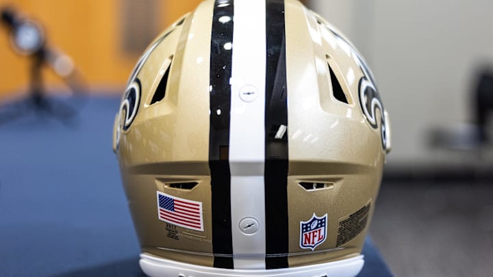 Mar 11, 2023; Metairie, LA, USA;  Detailed view of New Orleans Saints helmet at Ochsner Sports Performance Center. Mandatory Credit: Stephen Lew-Imagn Images