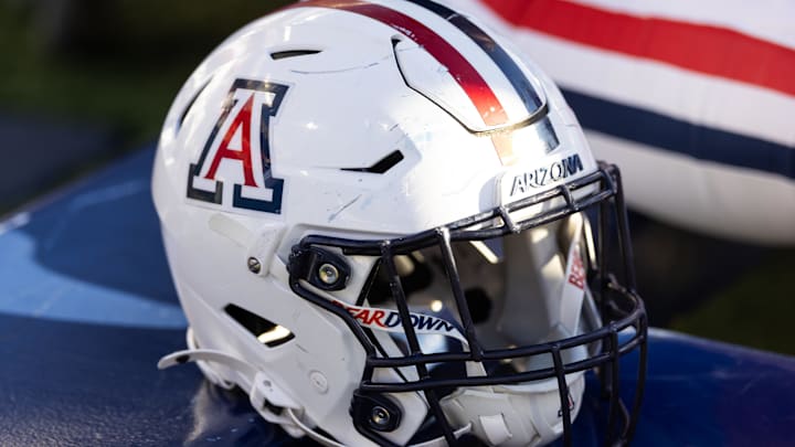 Nov 8, 2025; Tucson, Arizona, USA; Detailed view of an Arizona Wildcats helmet at Arizona Stadium. Mandatory Credit: Mark J. Rebilas-Imagn Images