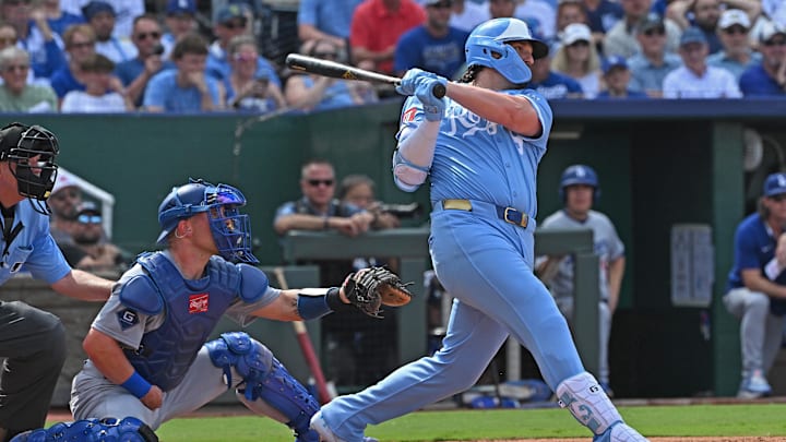 Jun 28, 2025; Kansas City, Missouri, USA;  Kansas City Royals first baseman Vinnie Pasquantino (9) hits a three-run home run in the fifth inning against the Los Angeles Dodgers at Kauffman Stadium. Mandatory Credit: Peter Aiken-Imagn Images