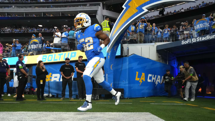 Oct 29, 2023; Inglewood, California, USA; Los Angeles Chargers linebacker Khalil Mack (52) enters the field before the game against the Chicago Bears at SoFi Stadium. Mandatory Credit: Kirby Lee-USA TODAY Sports