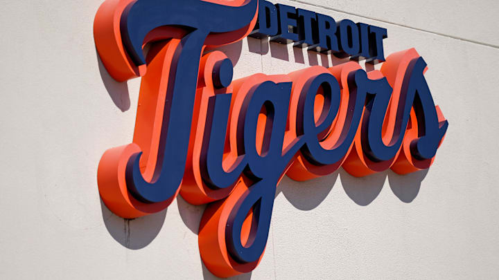 A general view of the Detroit Tigers script logo on the building at Publix Field at Joker Marchant Stadium during the spring training game between the Detroit Tigers and the Toronto Blue Jays. 
