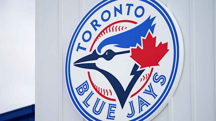 Mar 6, 2021; Dunedin, Florida, USA; A detailed view of the Toronto Blue Jays logo on a building at TD Ballpark during the spring training game between the Toronto Blue Jays and the Philadelphia Phillies. 